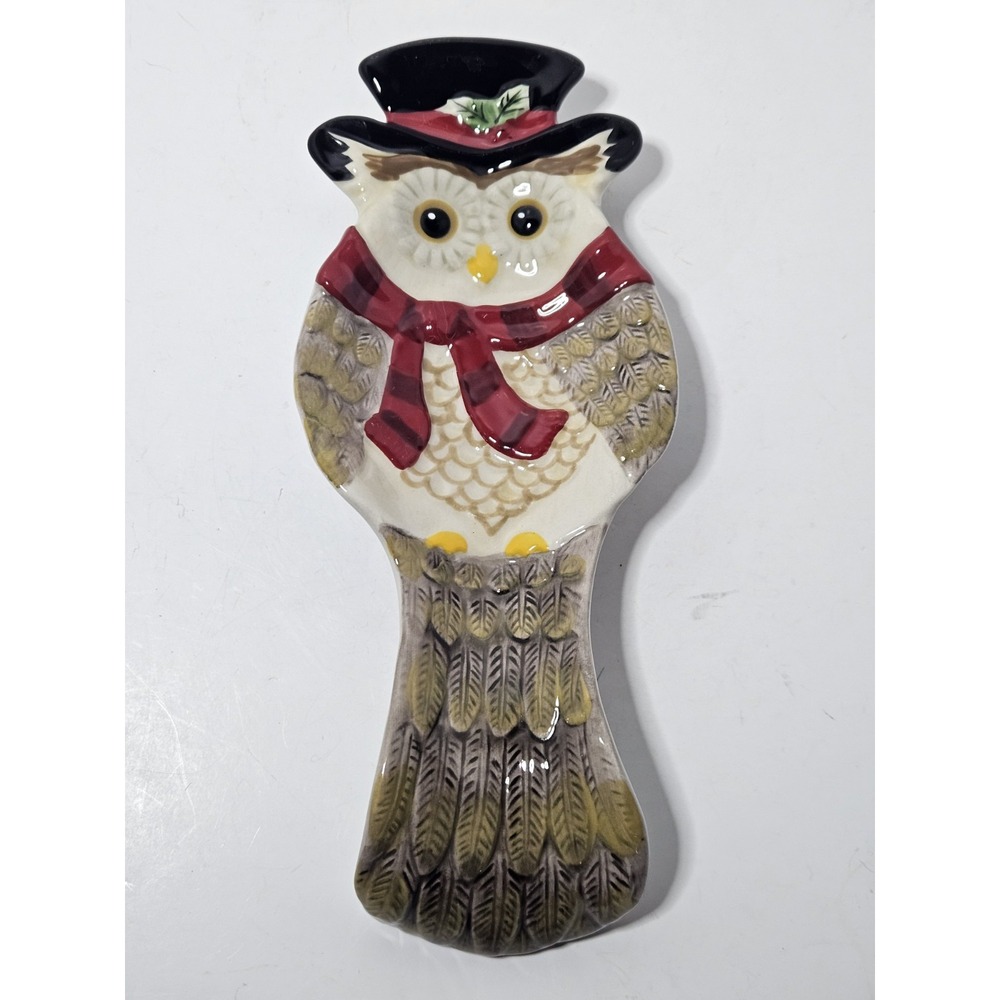 Cracker Barrel Christmas Owl Spoon Rest Stoneware Winter Top Hat Red Scarf 9in